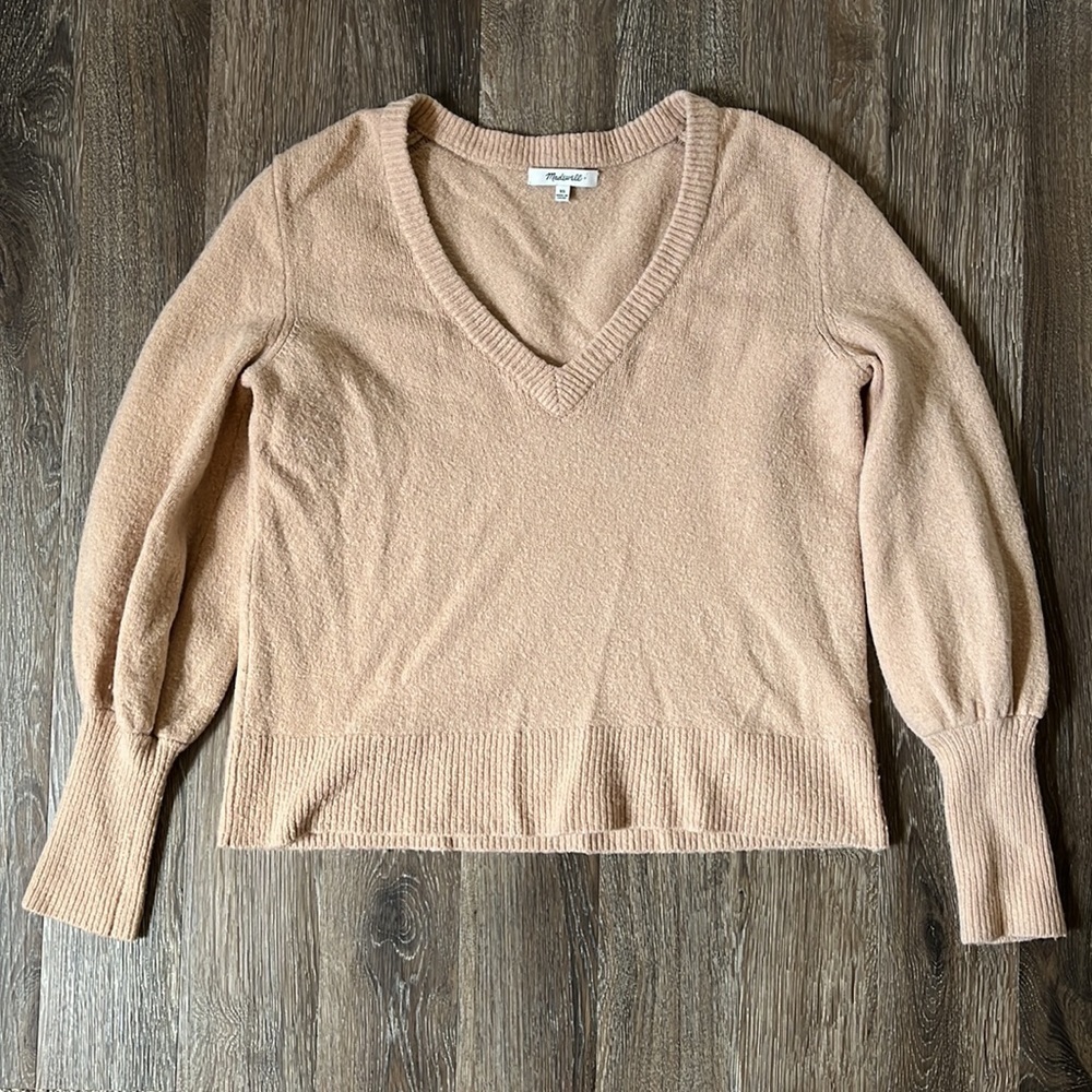 Madewell Dashwood V-Neck Pullover Sweater in Coziest Yarn in Tan Oversized XS